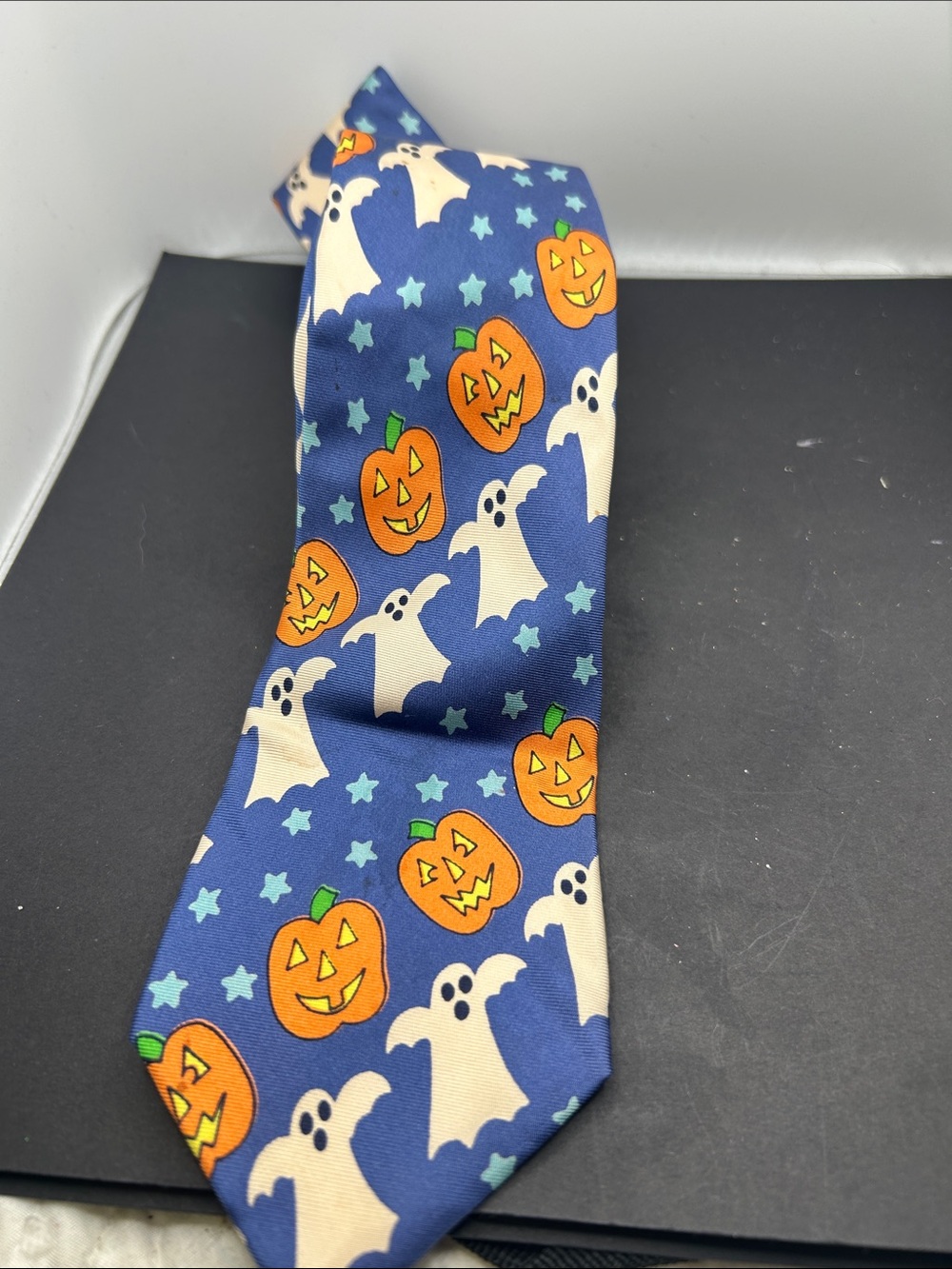 Vintage Blue  Halloween Ghost & Pumpkin Men's Tie 1992 Lillian Vernon